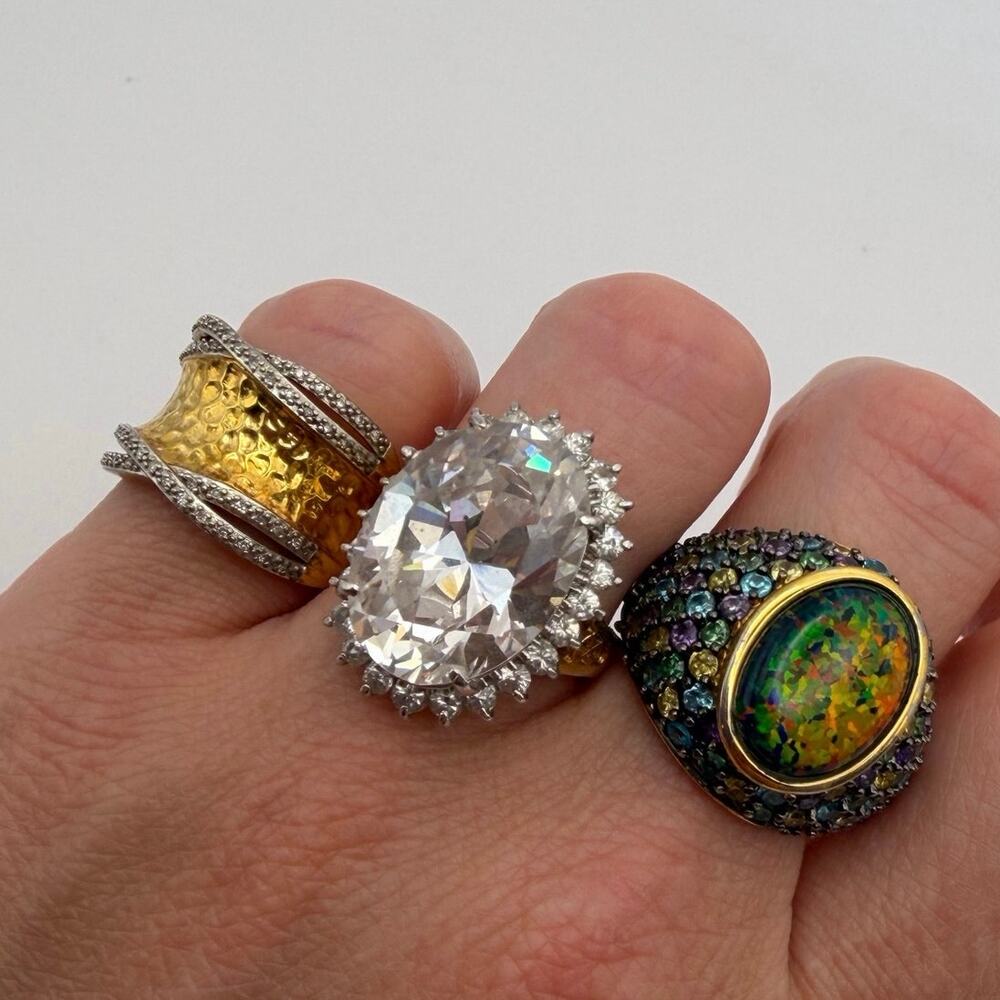 Lot 3 Vintage Estate Statement Rings 925 Sterling Gold Plated 18K GE CZ Opal Sz